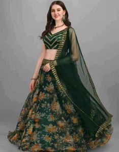 Elegant Floral Print Green Lehenga Set