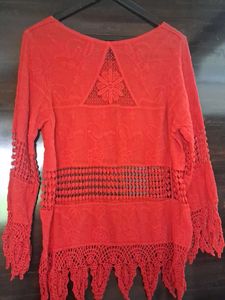 Boho Crochet Trim Red Tunic Top
