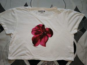SHEIN White Cropped T-Shirt with Flower Print