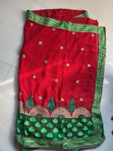 Vibrant Red &amp; Green Saree with Blouse
