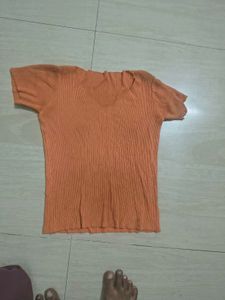 Orange Ribbed V-Neck Top