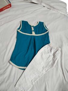 kid's Adorable Teal Blue Top &amp; White Pants Set
