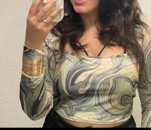 Marble Print Long Sleeve Mesh Top