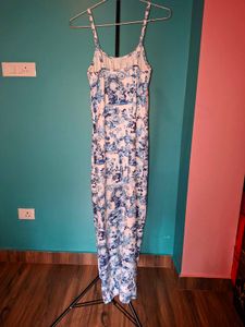 Blue White Print Maxi Dress with Slit
