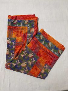 Vibrant Orange Saree with Blue Border