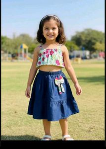 4-6 year Cute Floral Top & Denim Skirt Set