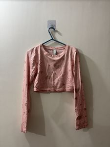 Cute Pink Heart Long Sleeve Crop Top