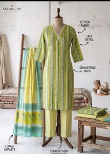 new   Green  Cotton Kurta Set with Dup