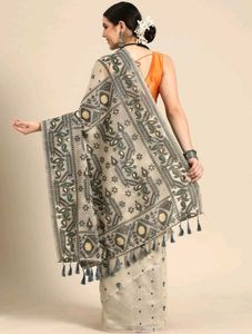 Elegant Cream Saree with Black &amp; Green Border