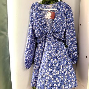 Blue Floral Twist Cut-Out Dress