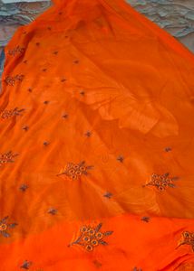 Red  and orange Embroidered georgette combo 2 sare