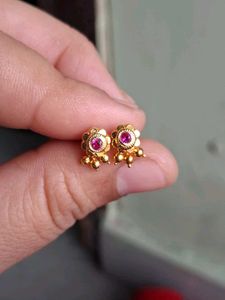 Gold Stud Earrings with Red Stone
