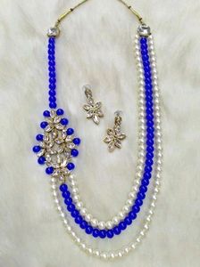 Blue & White Beaded Necklace with Earrings