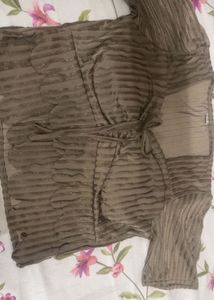 Brown Ribbed Tie-Front Crop Top