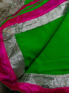 Vibrant Green Saree with Pink &amp; Silver Border