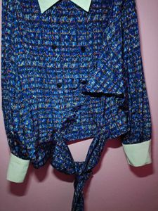 Blue Patterned Tie Waist Blouse