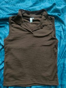 Brown Ribbed Polo Tank Top