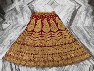 Bridal Red Velvet Lehenga Choli with Golden Embroi