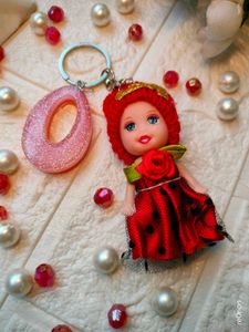 Cute Doll Keychain with Pink Glitter Charm