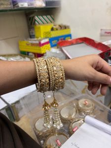 Champagne Stone Bridal Kada Set with Pearl Latkan