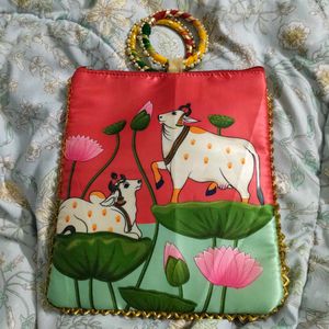 Handcrafted Cow &amp; Lotus Print Clutch Bag