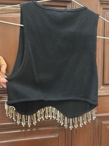 Black Crop Top with Rhinestone Fringe