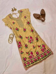 Elegant Golden Floral Embroidered Suit