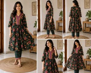 Green Floral Print Kurta Set