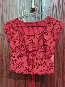 y2k Burgundy Floral Mesh Cropped Top