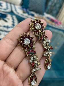 Red &amp; Gold Floral Dangle Earrings