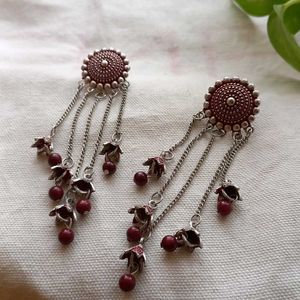Dangle Earrings - Maroon &amp; Silver