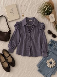 Plaid Button-Up Top with Ruffled Sleeves