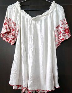 White Off-Shoulder Top with Red Embroidery