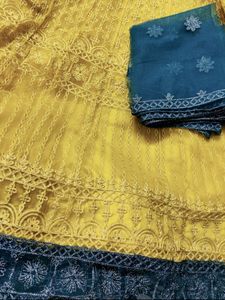 Lehnga - Mehndi &amp; Blue Embroidered Mirror work