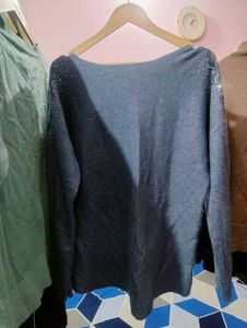 Sparkly Blue Pullover Sweater with Rose Detail