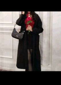 Chic Black Long Coat with Red Top Outfit
