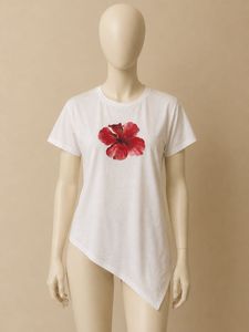 White T-Shirt with Red Hibiscus Print