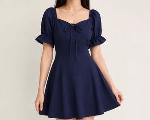 Navy Blue Puff Sleeve Mini Dress