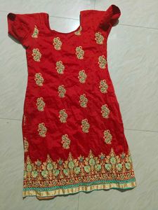 Red Embroidered Churidar Top + Pants