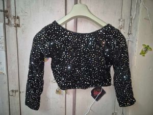 Black Velvet Sequin Finish Padded Blouse with 3/4