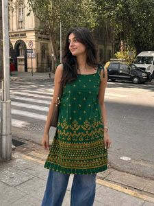 Unique Boho Printed Green Tie-Up Kurti