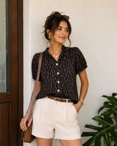 Chic Printed Short Sleeve Button-Up Top