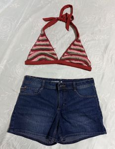 vintage BohoCrochet top & Denim Shorts
