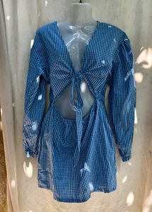 Blue Gingham Tie Front Cutout Dress