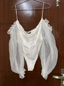 White Off-Shoulder Mesh Sleeve Bodysuit