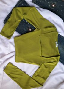 Green Square Neck Long Sleeve Top