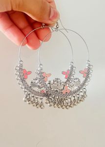 Boho Silver Hoop Earrings with Pink Accents