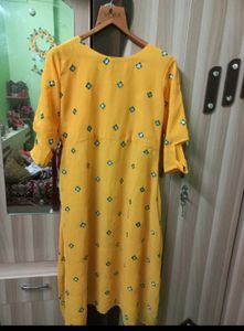Yellow mirror work Printed Kurti