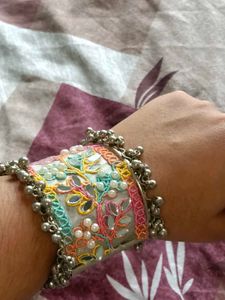Embroidered Cuff Bracelet with jhumkis