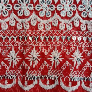 Reddish-orange Lucknowi Chikankari  Fabri